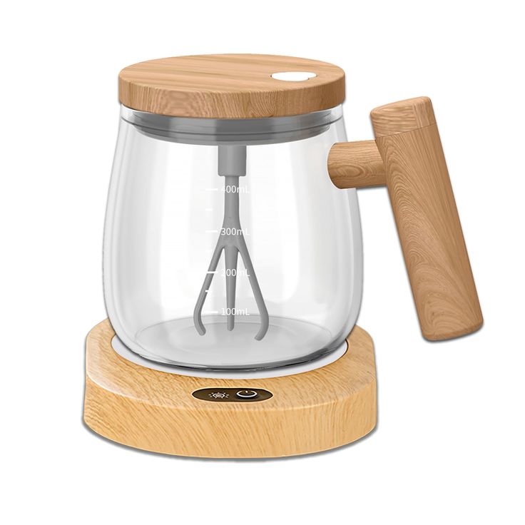 Self-Mixing Glass Coffee Mugs with Wooden Lid & Handle