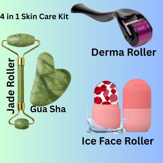4-in-1 Skin Care Bundle – Jade Roller, Gua Sha Stone, Derma Roller & Silicone Ice Roller