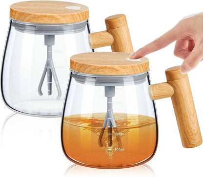 Self-Mixing Glass Coffee Mugs with Wooden Lid & Handle