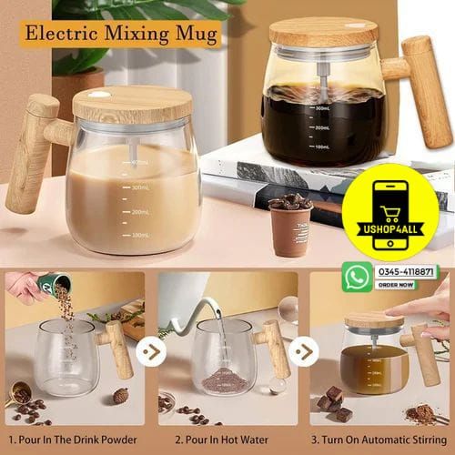 Self-Mixing Glass Coffee Mugs with Wooden Lid & Handle