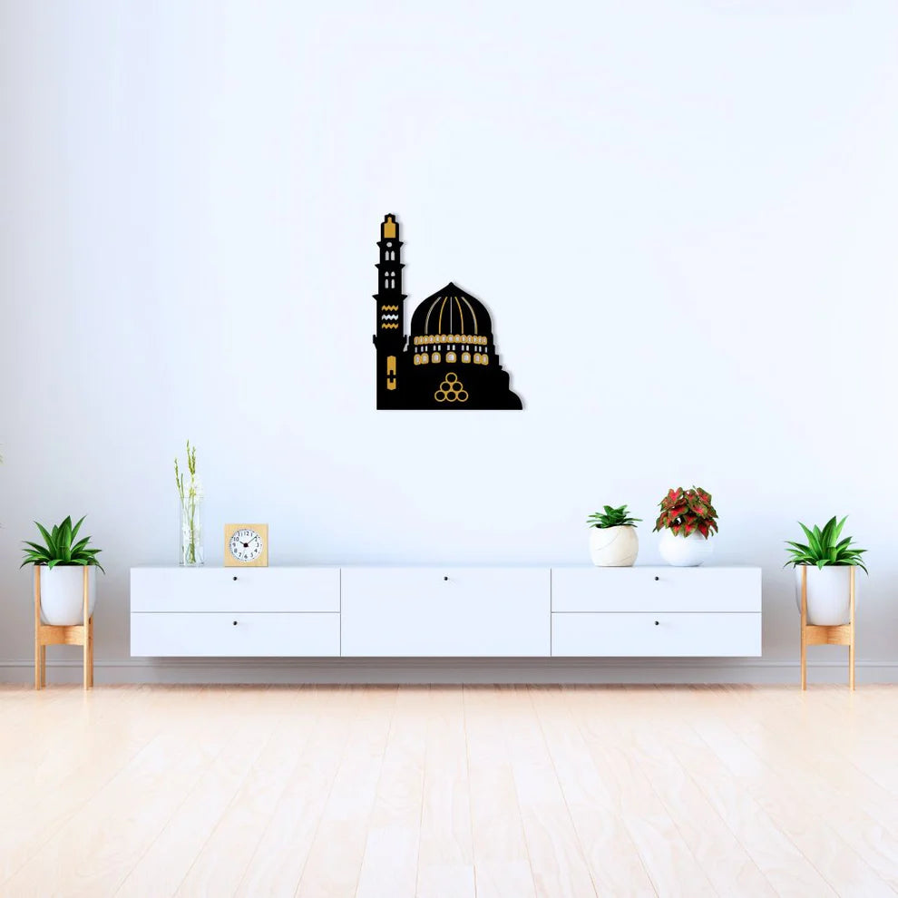 Masjid-e-Nabvi Wall Art in Black MDF & Gold Acrylic, 15×12 inches – Elegant Islamic Home Décor