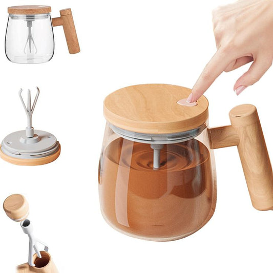 Self-Mixing Glass Coffee Mugs with Wooden Lid & Handle
